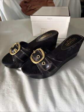 COACH Black Wedge Slide Sandals with Gold Buckle Accent